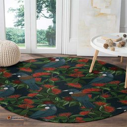 New Zealand Christmas Round Carpet Romantic Tui Birds on Pohutukawa - Cobalt LT7