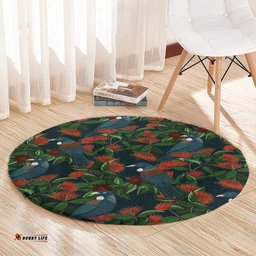 New Zealand Christmas Round Carpet Romantic Tui Birds on Pohutukawa - Cobalt LT7