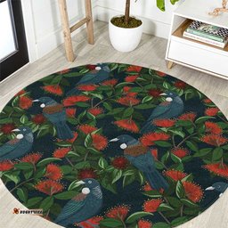 New Zealand Christmas Round Carpet Romantic Tui Birds on Pohutukawa - Cobalt LT7