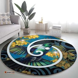 New Zealand Tui Bird Round Carpet Maori Koru With Kowhai Flowers LT05