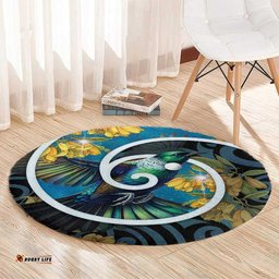 New Zealand Tui Bird Round Carpet Maori Koru With Kowhai Flowers LT05