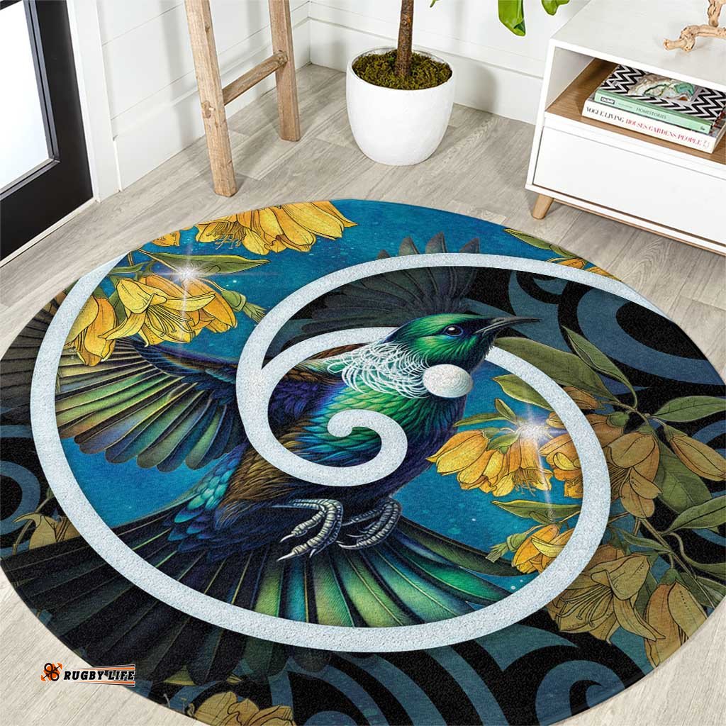 New Zealand Tui Bird Round Carpet Maori Koru With Kowhai Flowers LT05