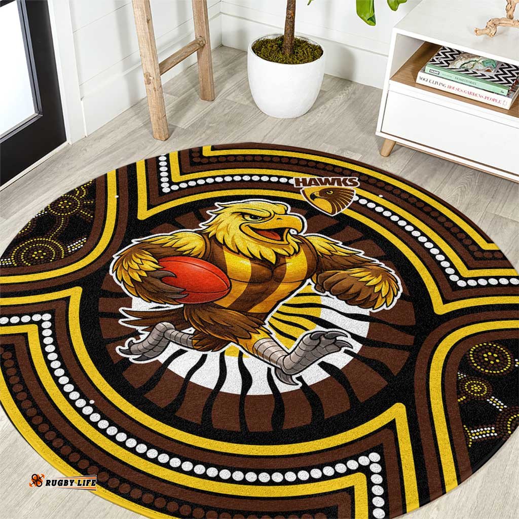 Hawthorn Hawks Round Carpet Indigenous Monochrome Dot Art Mascot Style TS04