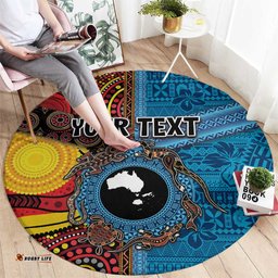 Personalised Australia and Fiji Together Round Carpet Tribal Palm Tree with Tapa and Aboriginal Animals Half Style LT03