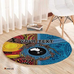 Personalised Australia and Fiji Together Round Carpet Tribal Palm Tree with Tapa and Aboriginal Animals Half Style LT03