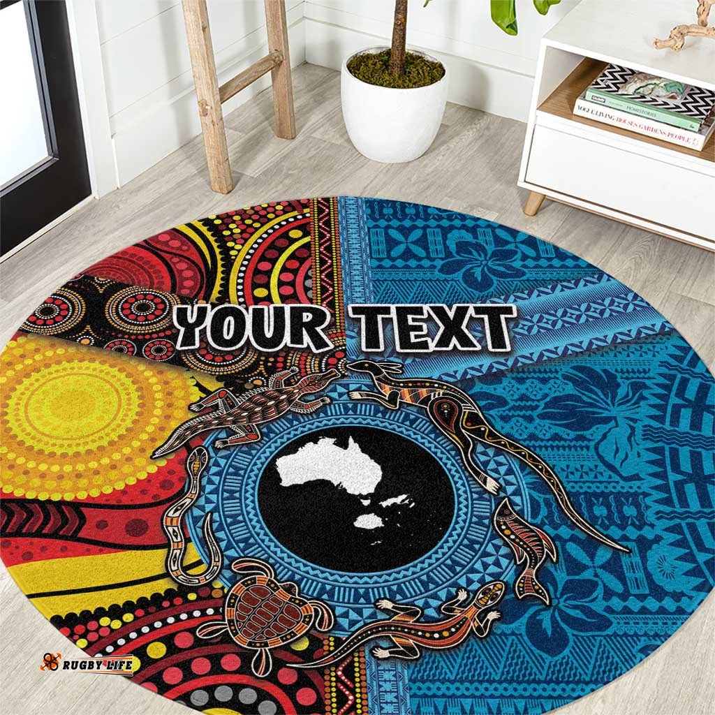 Personalised Australia and Fiji Together Round Carpet Tribal Palm Tree with Tapa and Aboriginal Animals Half Style LT03