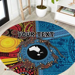 Personalised Australia and Fiji Together Round Carpet Tribal Palm Tree with Tapa and Aboriginal Animals Half Style LT03