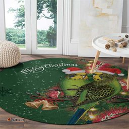 Green Budgerigars on Callistemon Round Carpet Merry Christmas Aussie LT7