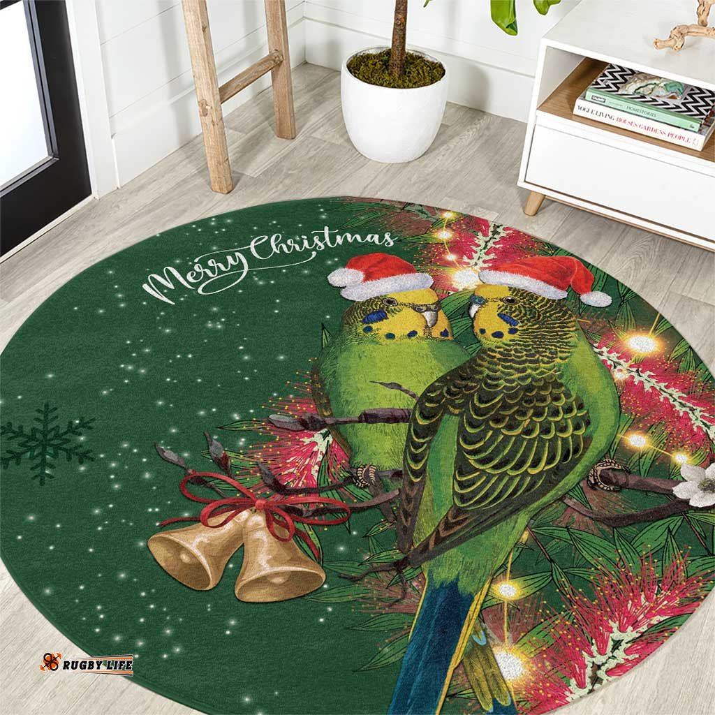 Green Budgerigars on Callistemon Round Carpet Merry Christmas Aussie LT7