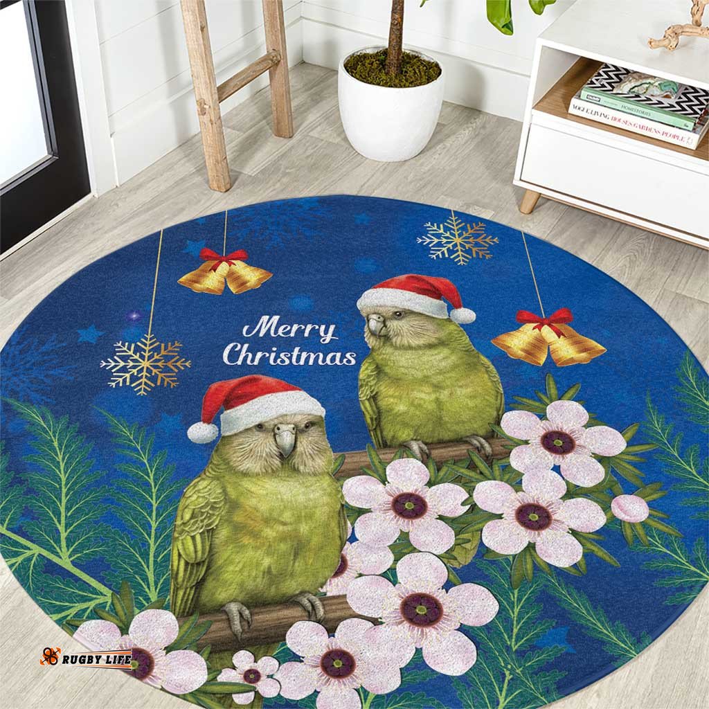 New Zealand Kakapo Christmas Round Carpet Owl Parrot Santa Sliver Fern Manuka - Blue LT14