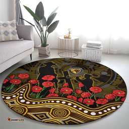 Hawthorn Hawks ANZAC Day Round Carpet Indigenous Dot Art with Poppy Flower Tribute TS04