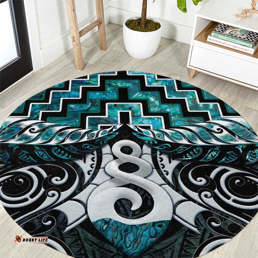 New Zealand Maori Round Carpet Poutama Pikorua Turquoise Paua Shell LT05