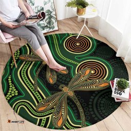 Green Indigenous Dragonfly Australia Round Carpet Aboriginal Art LT14