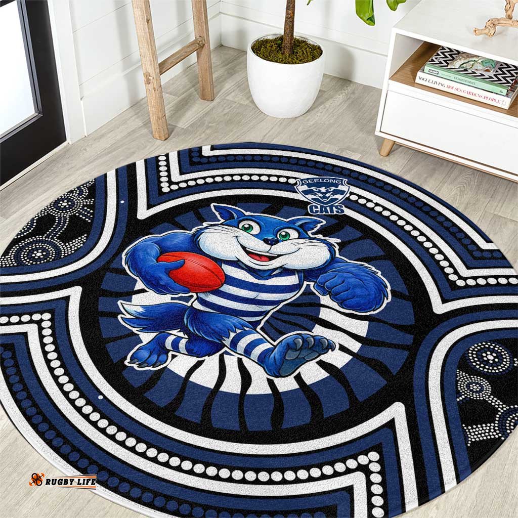 Geelong Cats Round Carpet Indigenous Monochrome Dot Art Mascot Style TS04
