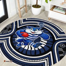 Geelong Cats Round Carpet Indigenous Monochrome Dot Art Mascot Style TS04