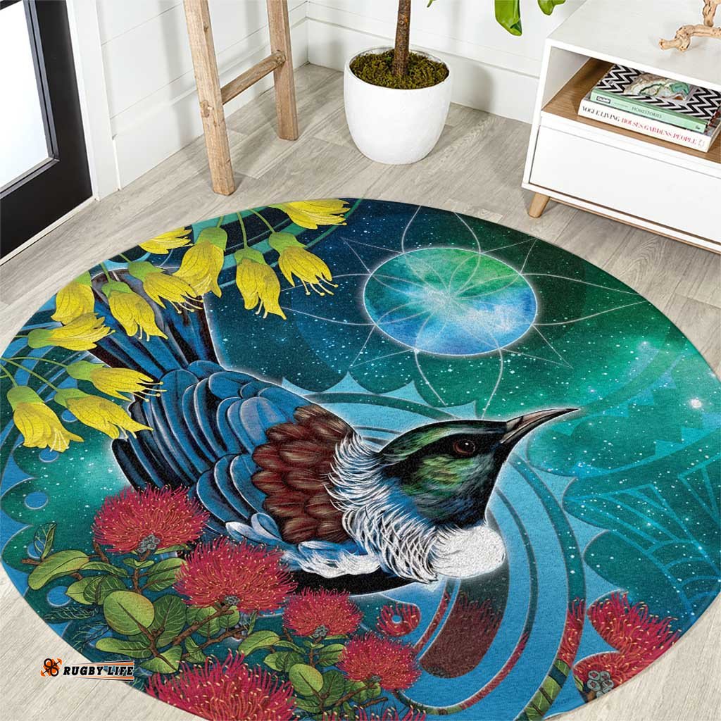 New Zealand Tui Bird Round Carpet Maori Koru With Pohutukawa Galaxy Style LT05