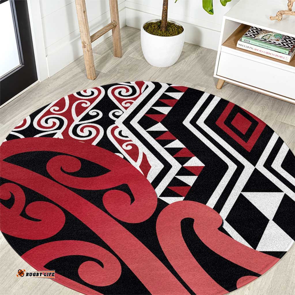 New Zealand Round Carpet Aotearoa Kowhaiwhai Mix Taniko Art - Red LT14