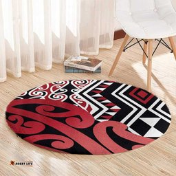 New Zealand Round Carpet Aotearoa Kowhaiwhai Mix Taniko Art - Red LT14