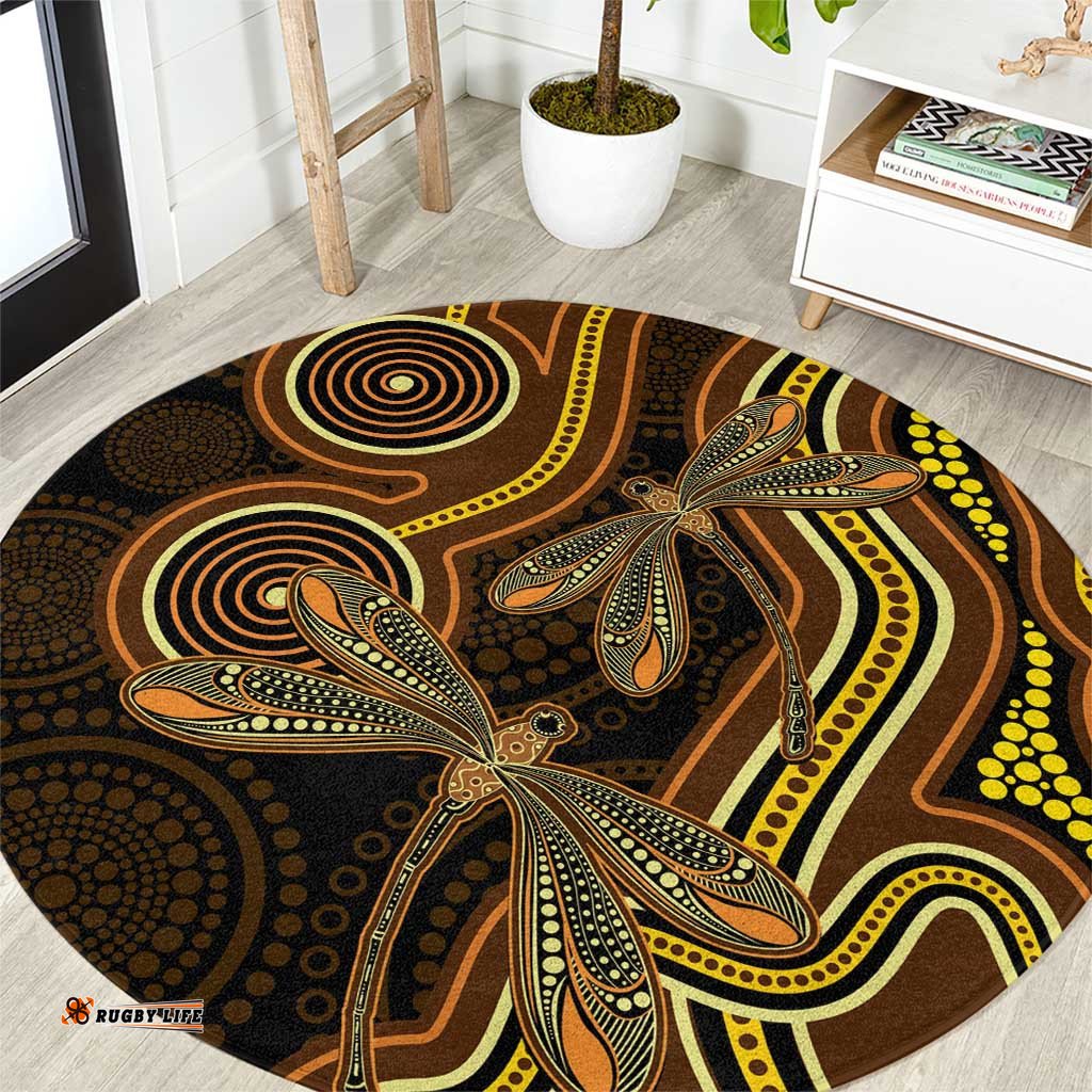Orange Indigenous Dragonfly Australia Round Carpet Aboriginal Art LT14