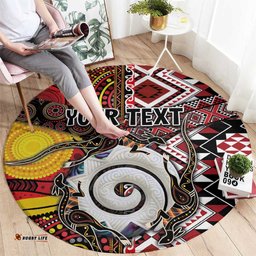 Personalised Aotearoa and Australia Together Round Carpet Koru and Kangaroo - Taniko with Aboriginal Motif LT03