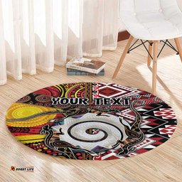 Personalised Aotearoa and Australia Together Round Carpet Koru and Kangaroo - Taniko with Aboriginal Motif LT03