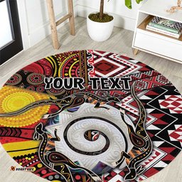 Personalised Aotearoa and Australia Together Round Carpet Koru and Kangaroo - Taniko with Aboriginal Motif LT03