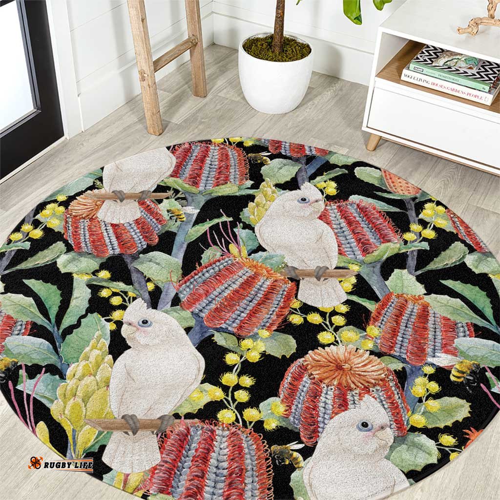 Little Corella Australia Cockatoo Round Carpet Cacatua Sanguinea Banksia Seamless Black LT14