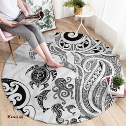New Zealand Sea Animals with Maori Tribal Tattoo Round Carpet White Color LT03