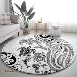 New Zealand Sea Animals with Maori Tribal Tattoo Round Carpet White Color LT03