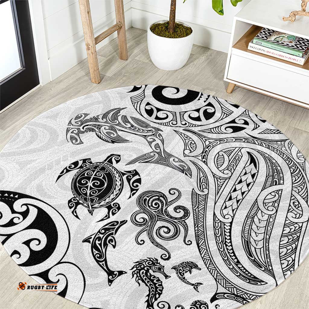 New Zealand Sea Animals with Maori Tribal Tattoo Round Carpet White Color LT03
