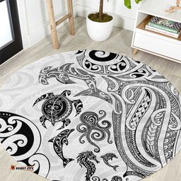New Zealand Sea Animals with Maori Tribal Tattoo Round Carpet White Color LT03