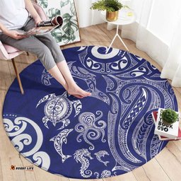 New Zealand Sea Animals with Maori Tribal Tattoo Round Carpet Blue Color LT03