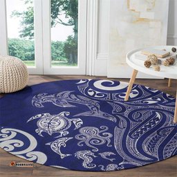 New Zealand Sea Animals with Maori Tribal Tattoo Round Carpet Blue Color LT03