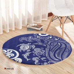 New Zealand Sea Animals with Maori Tribal Tattoo Round Carpet Blue Color LT03