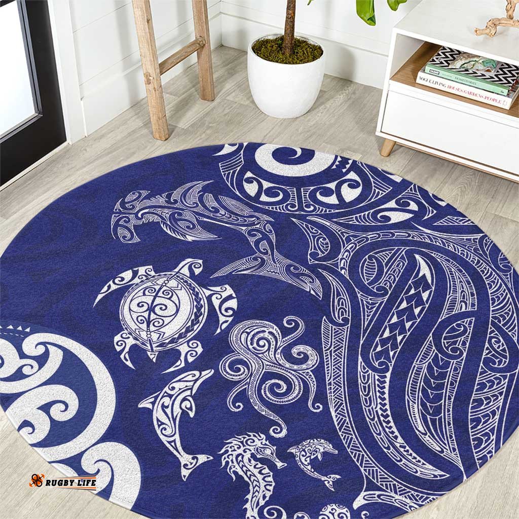 New Zealand Sea Animals with Maori Tribal Tattoo Round Carpet Blue Color LT03