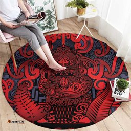 New Zealand Taiaha Maori Round Carpet Whero Minimalist Silver Fern Tukutuku Motif LT9