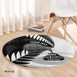 New Zealand Silver Fern Curling Personalised Round Carpet Aotearoa Kiwi Ponga Black White Version LT14