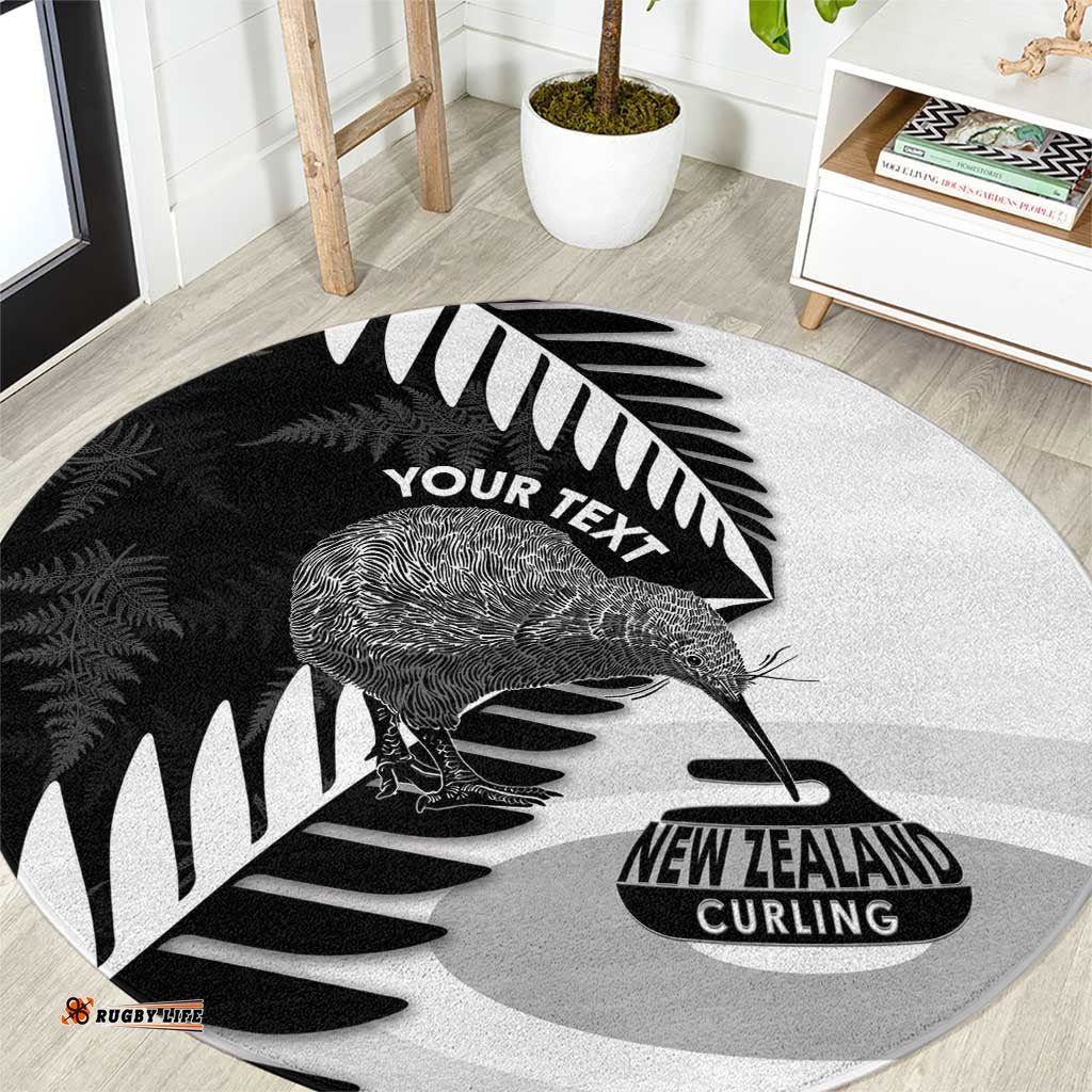 New Zealand Silver Fern Curling Personalised Round Carpet Aotearoa Kiwi Ponga Black White Version LT14