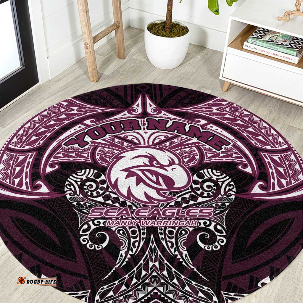 Personalized Manly Warringah Sea Eagles Round Carpet Polynesian Tribal Pattern Style TS04