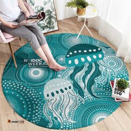NAIDOC Deadly 50 Years Round Carpet Jellyfish Aboriginal Culture Inspired Turquoise LT9