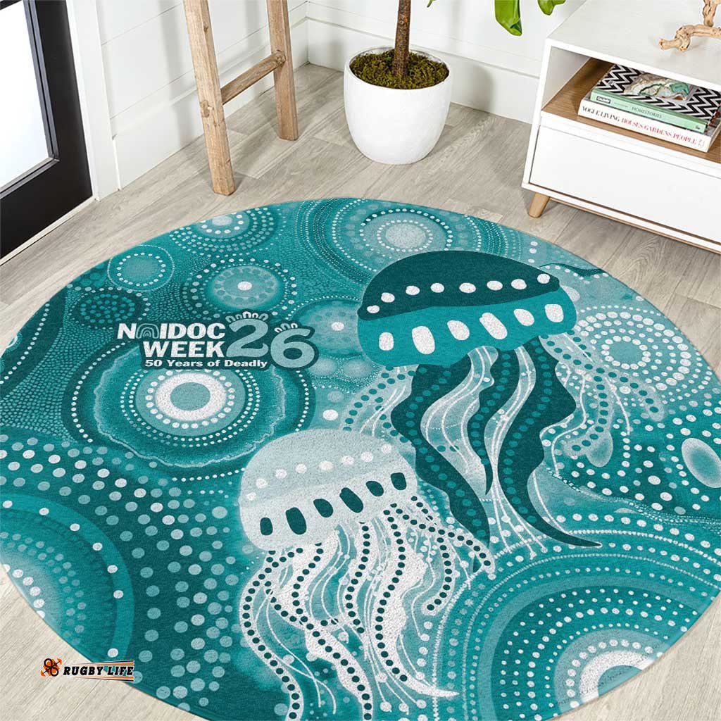 NAIDOC Deadly 50 Years Round Carpet Jellyfish Aboriginal Culture Inspired Turquoise LT9