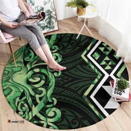 Green Aotearoa Round Carpet Taniko Motifs With Paua Shell Kowhaiwhai LT14