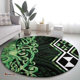 Green Aotearoa Round Carpet Taniko Motifs With Paua Shell Kowhaiwhai LT14