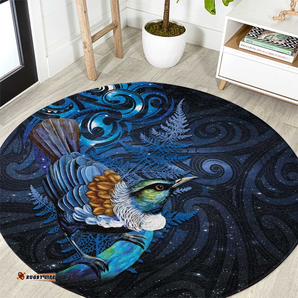 Aotearoa Matariki Round Carpet Maori Tribal with Silver Fern and Tui Bird Galaxy Style LT03