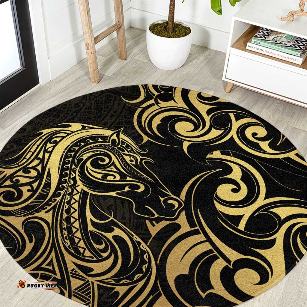 Gold And Black Aoteara Horse Racing Round Carpet NZ Maori Pattern LT14