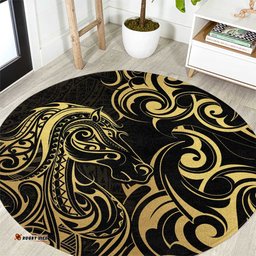 Gold And Black Aoteara Horse Racing Round Carpet NZ Maori Pattern LT14