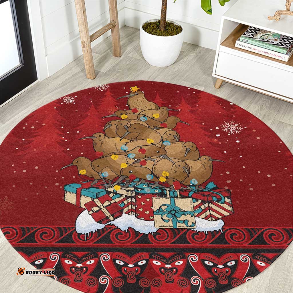 Funny Kiwi Bird Xmas Tree Round Carpet New Zealand Tribal Christmas Spirit LT9