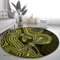 Yellow Indigenous Dragonfly Australia Round Carpet Aboriginal Art LT14