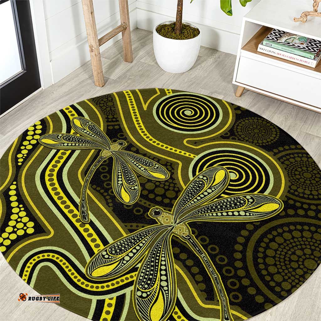 Yellow Indigenous Dragonfly Australia Round Carpet Aboriginal Art LT14