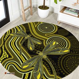 Yellow Indigenous Dragonfly Australia Round Carpet Aboriginal Art LT14